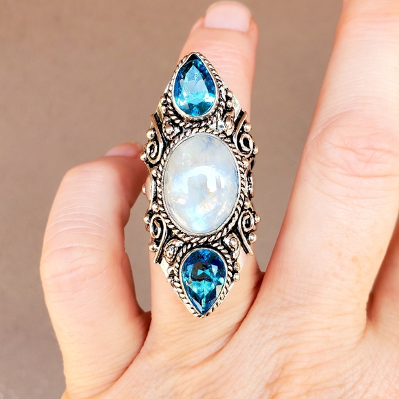 New Rainbow Moonstone & Blue Topaz 925 Silver Statement Ring. - Picture 13 of 15